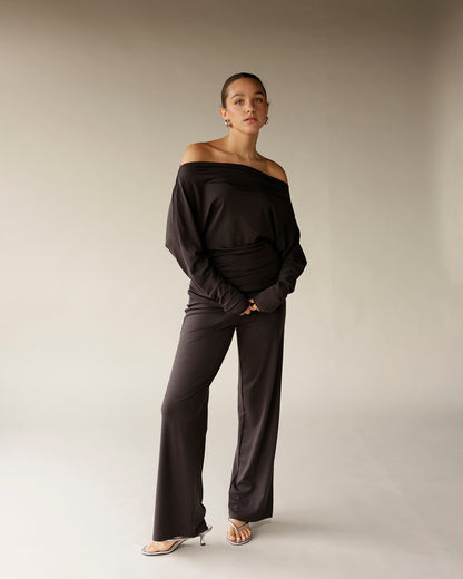 Dark brown off-shoulder long sleeve top with wide-leg pants set