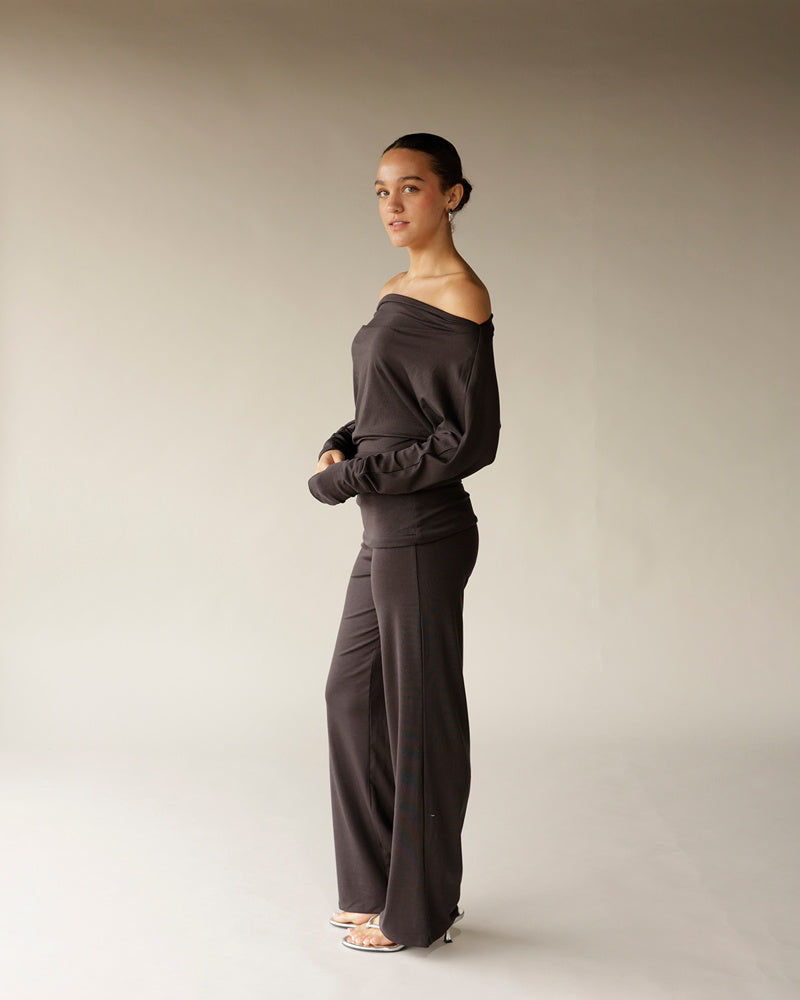 Dark charcoal off-shoulder long sleeve top with wide-leg matching pants set
