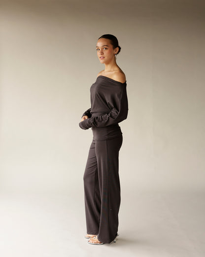 Dark charcoal off-shoulder long sleeve top with wide-leg matching pants set