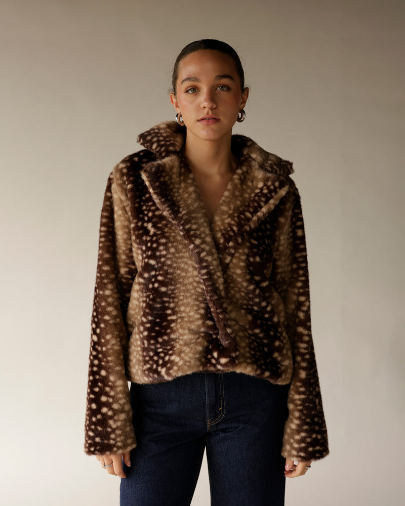 Women's brown spotted faux fur cropped jacket with notched lapel collar