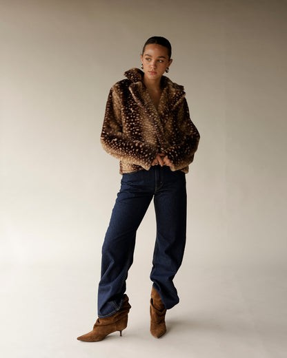 Women's brown spotted faux fur cropped jacket with wide lapels