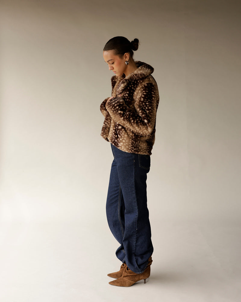 Women's faux fur cropped jacket in brown fawn spot print with collar
