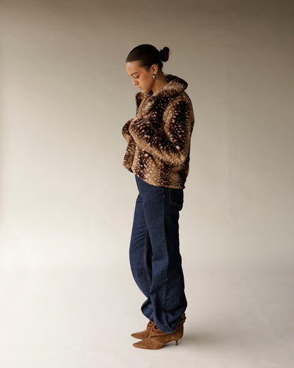 Women's faux fur cropped jacket in brown fawn spot print with collar