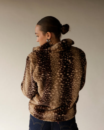 Women's brown spotted faux fur pullover jacket with mock neck and long sleeves