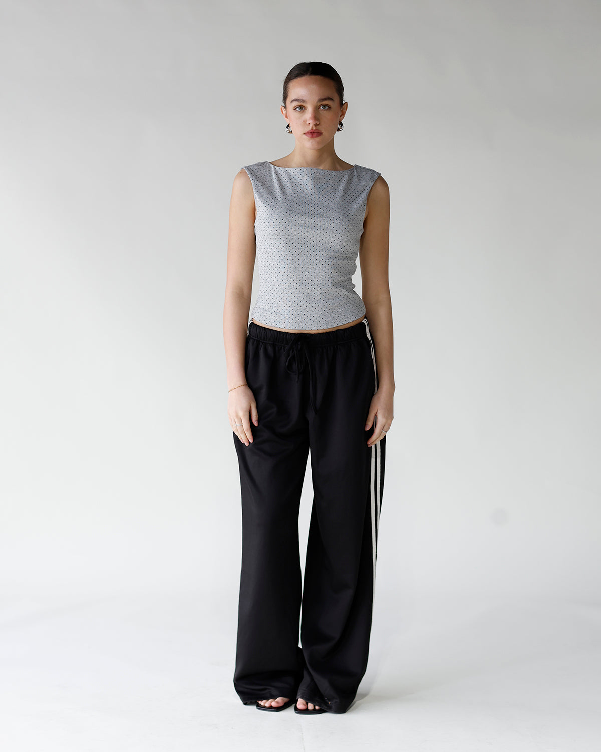 sleeveless polka dot printed boat neck top grey polka dot print sleeveless top