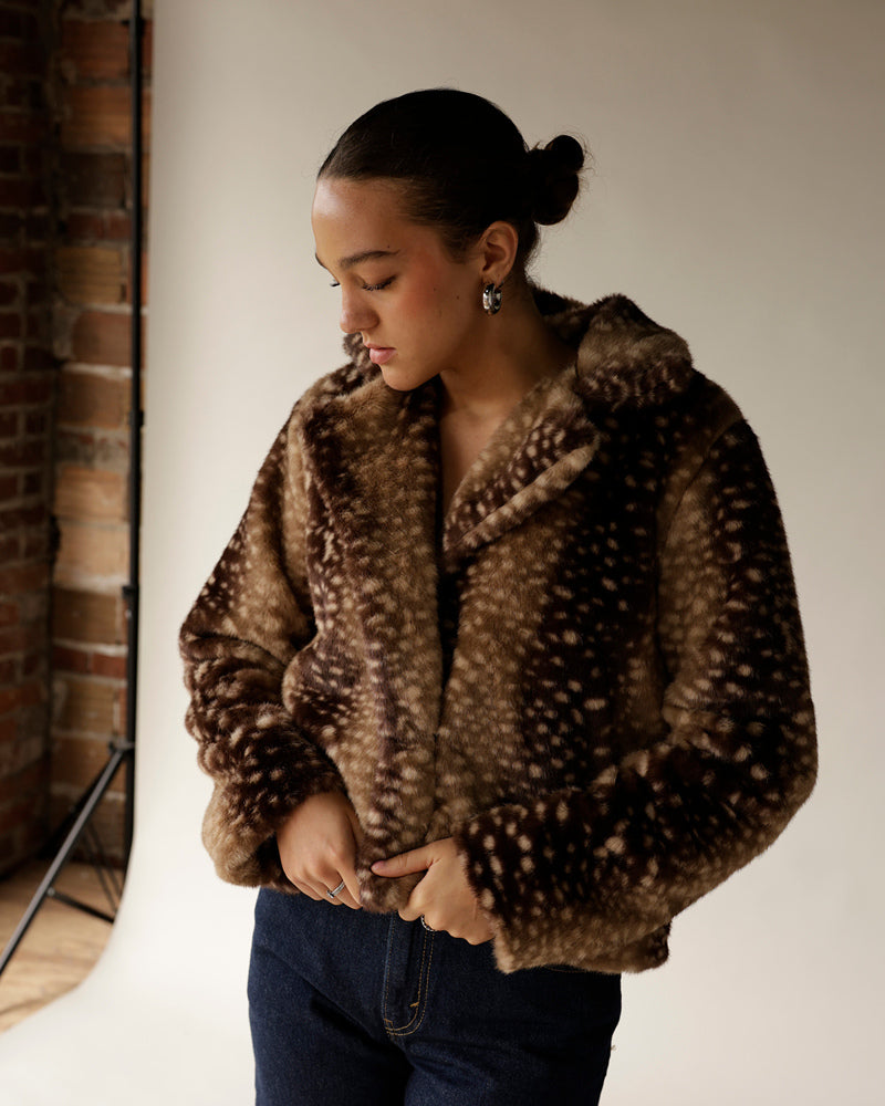 Women's brown spotted faux fur cropped jacket with notched collar and open front