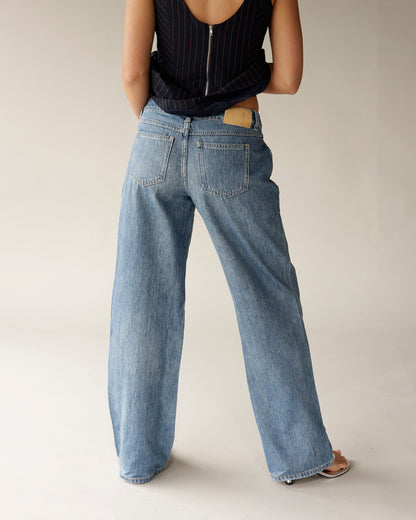 LOUCIA wide-leg light wash blue denim jeans, back view, five-pocket style