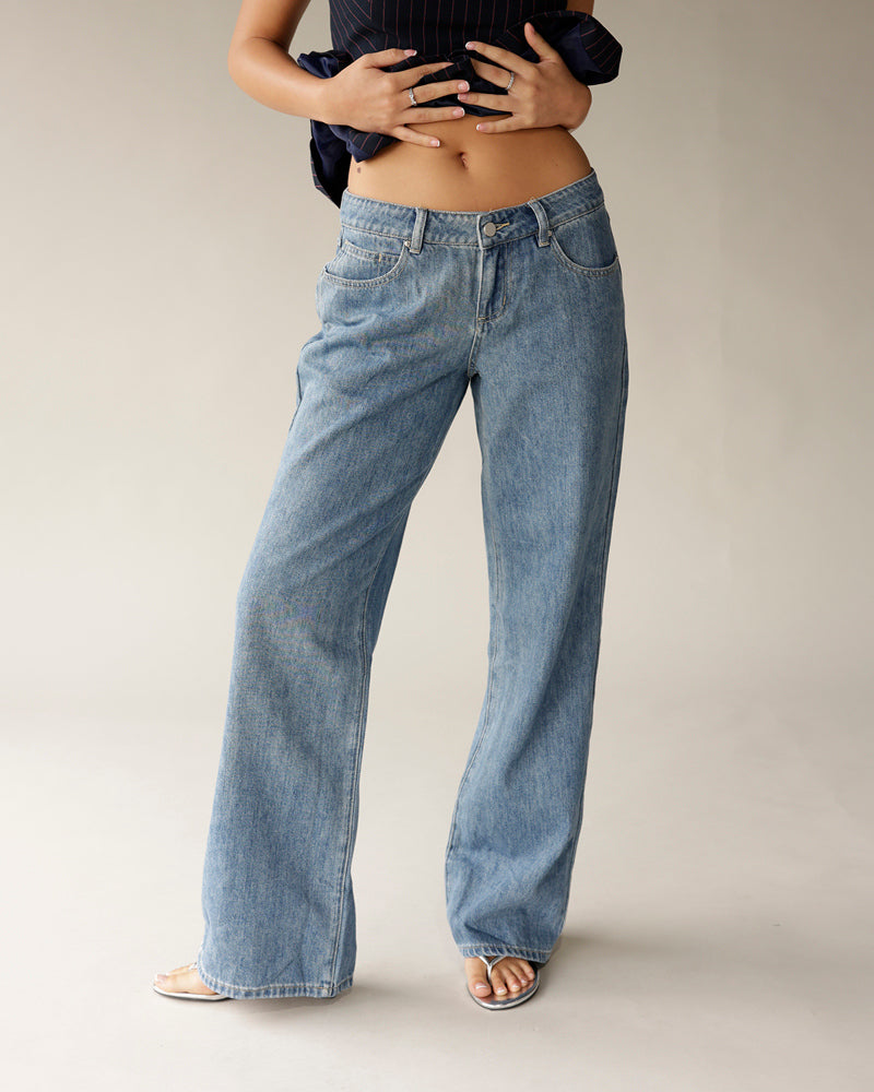 LOUCIA women's low-rise wide-leg medium wash blue denim jeans with flare hem