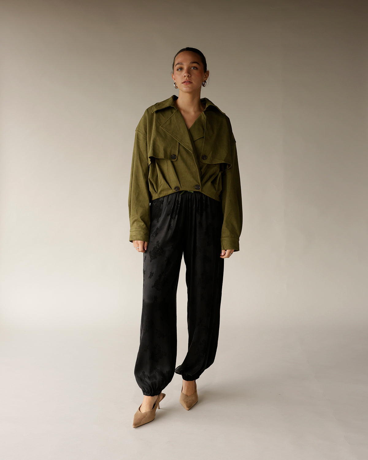Black satin jogger dressy pants with elasticated ankles and drawstring waist