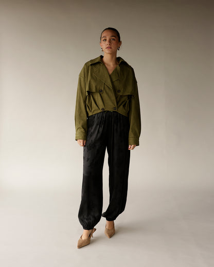 Black satin jogger dressy pants with elasticated ankles and drawstring waist