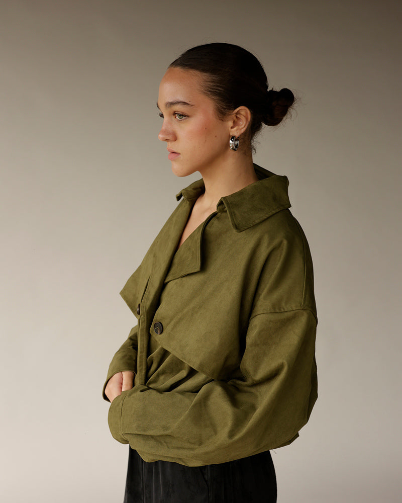 Women's olive green oversized cropped jacket with button front and wide collar