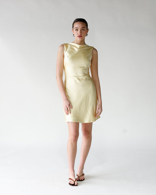 yellow mini dress sleeveless boat neck back tie detail yellow mini dress spring mini dress