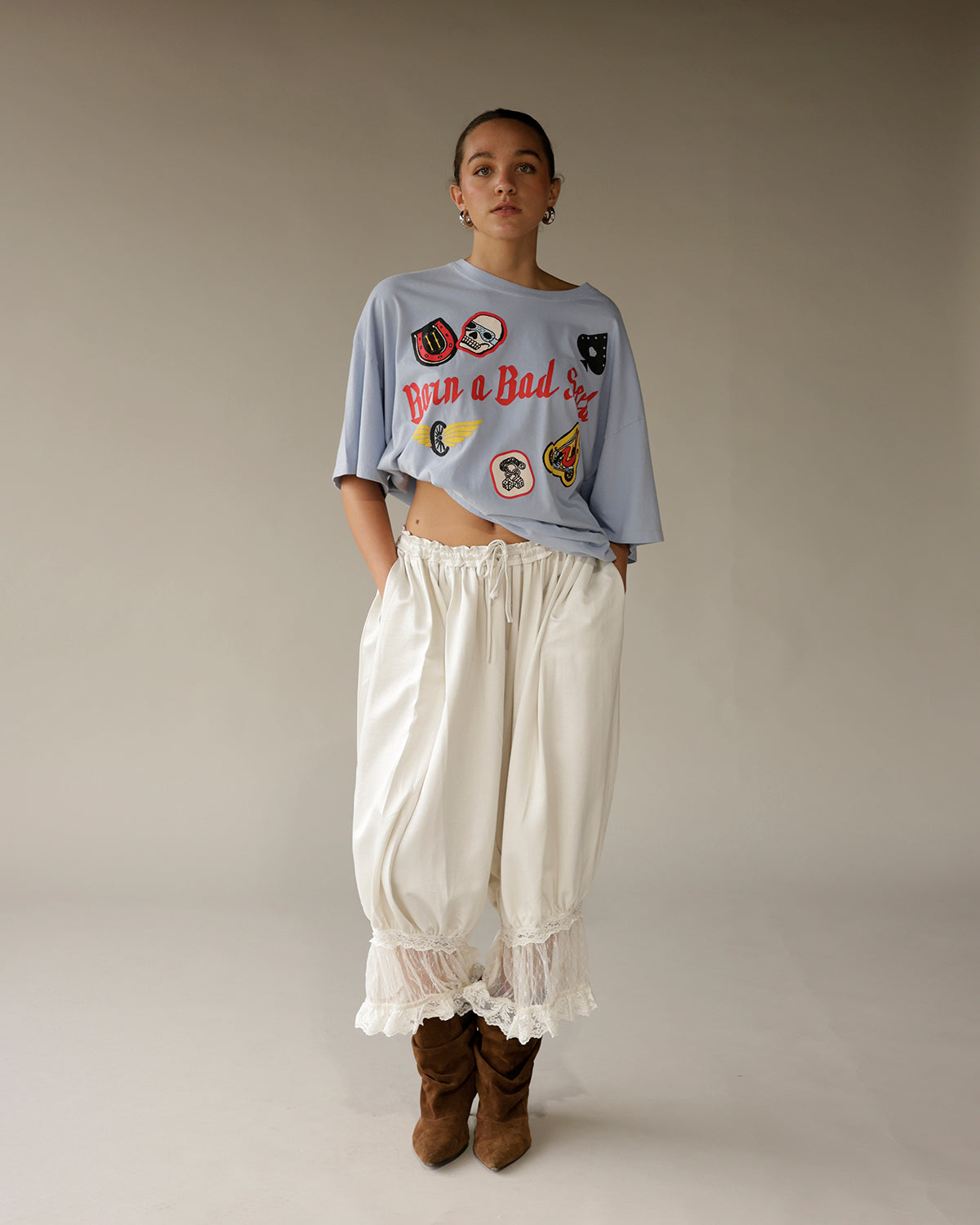 Ivory satin boho pants with lace hem trim and drawstring waist