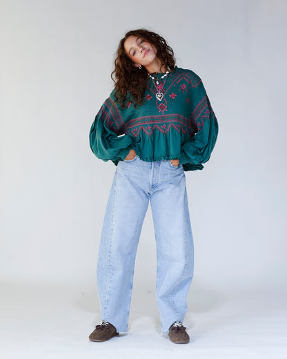 FREE PEOPLE HOLLY LONG SLEEVE KNIT TOP X GREEN COMBO