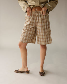 LOUCIA Women's beige brown plaid bermuda shorts with drawstring elastic waist