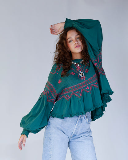 FREE PEOPLE HOLLY LONG SLEEVE KNIT TOP X GREEN COMBO
