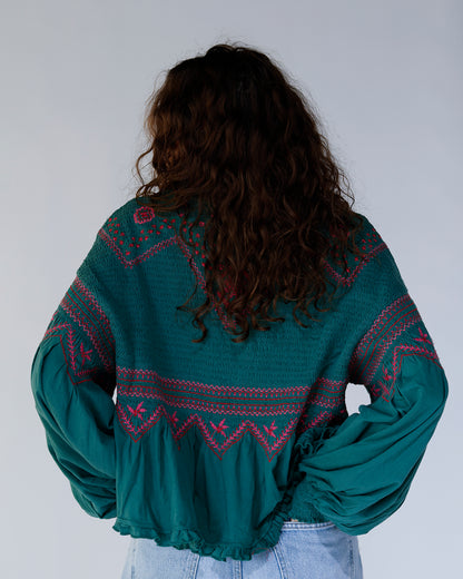 FREE PEOPLE HOLLY LONG SLEEVE KNIT TOP X GREEN COMBO