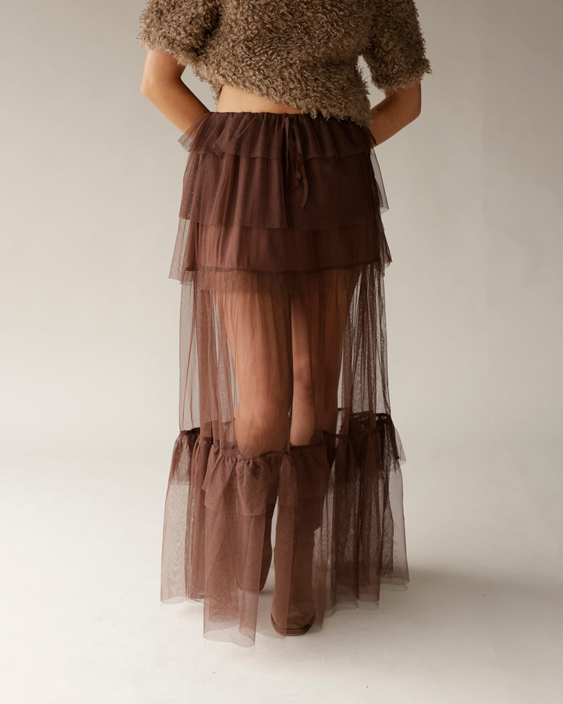 Brown tiered tulle maxi skirt with ruffle layers and drawstring waist