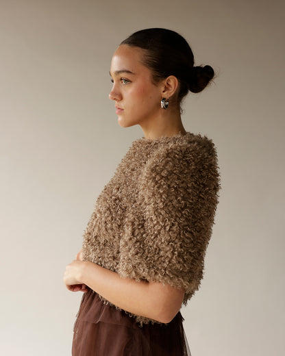 Women's taupe curly textured cropped sweater with short sleeves, worn with brown skirt