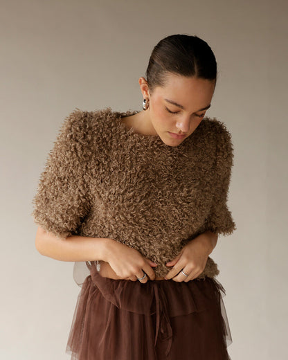 Women's brown curly textured short-sleeve cropped sweater with boxy fit