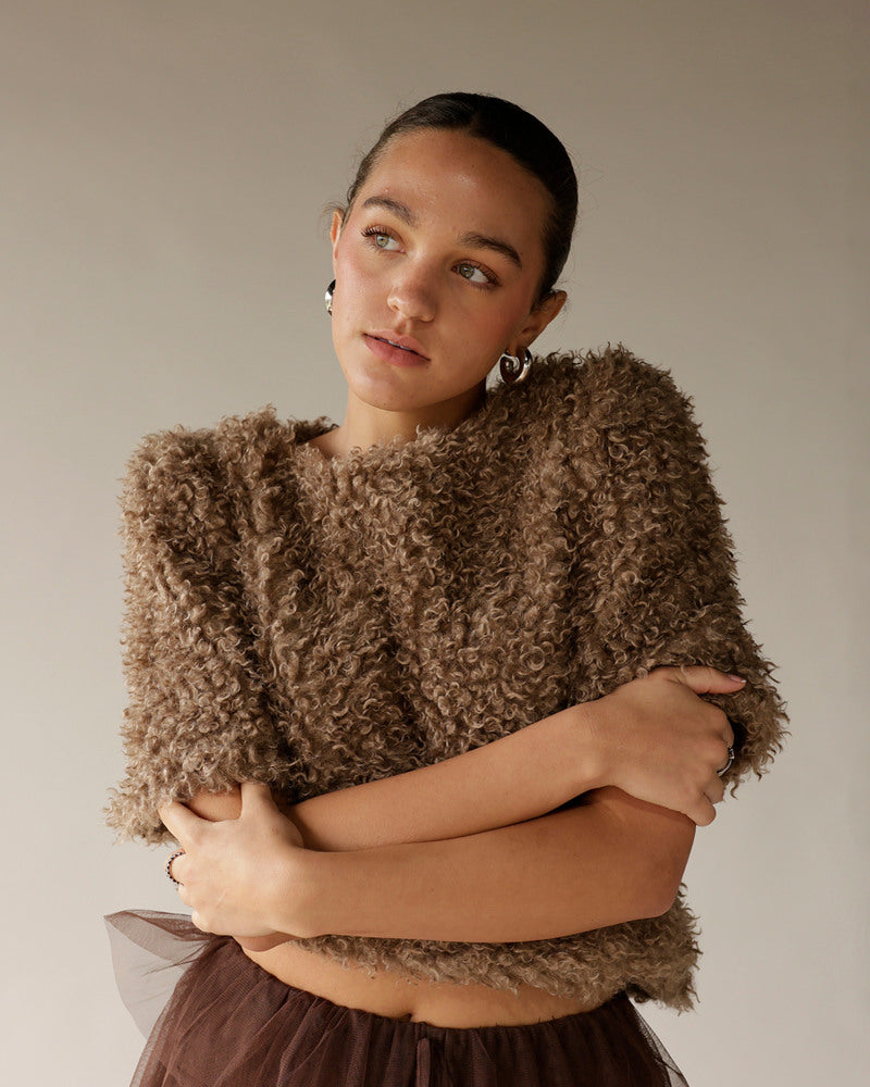 Women's brown curly textured cropped sweater with structured shoulders, short sleeves