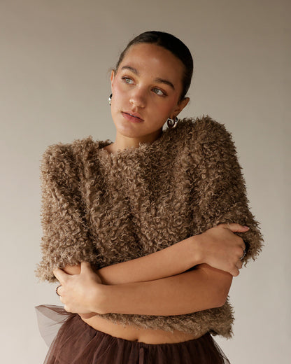 Women's brown curly textured cropped sweater with structured shoulders, short sleeves