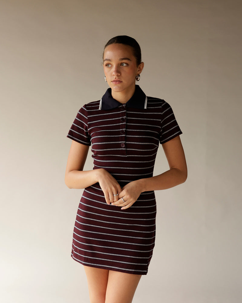 Burgundy striped polo mini dress with dark collar and button placket, short sleeves