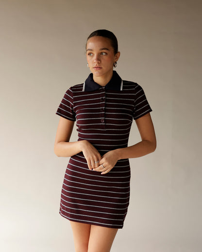 Burgundy striped polo mini dress with dark collar and button placket, short sleeves