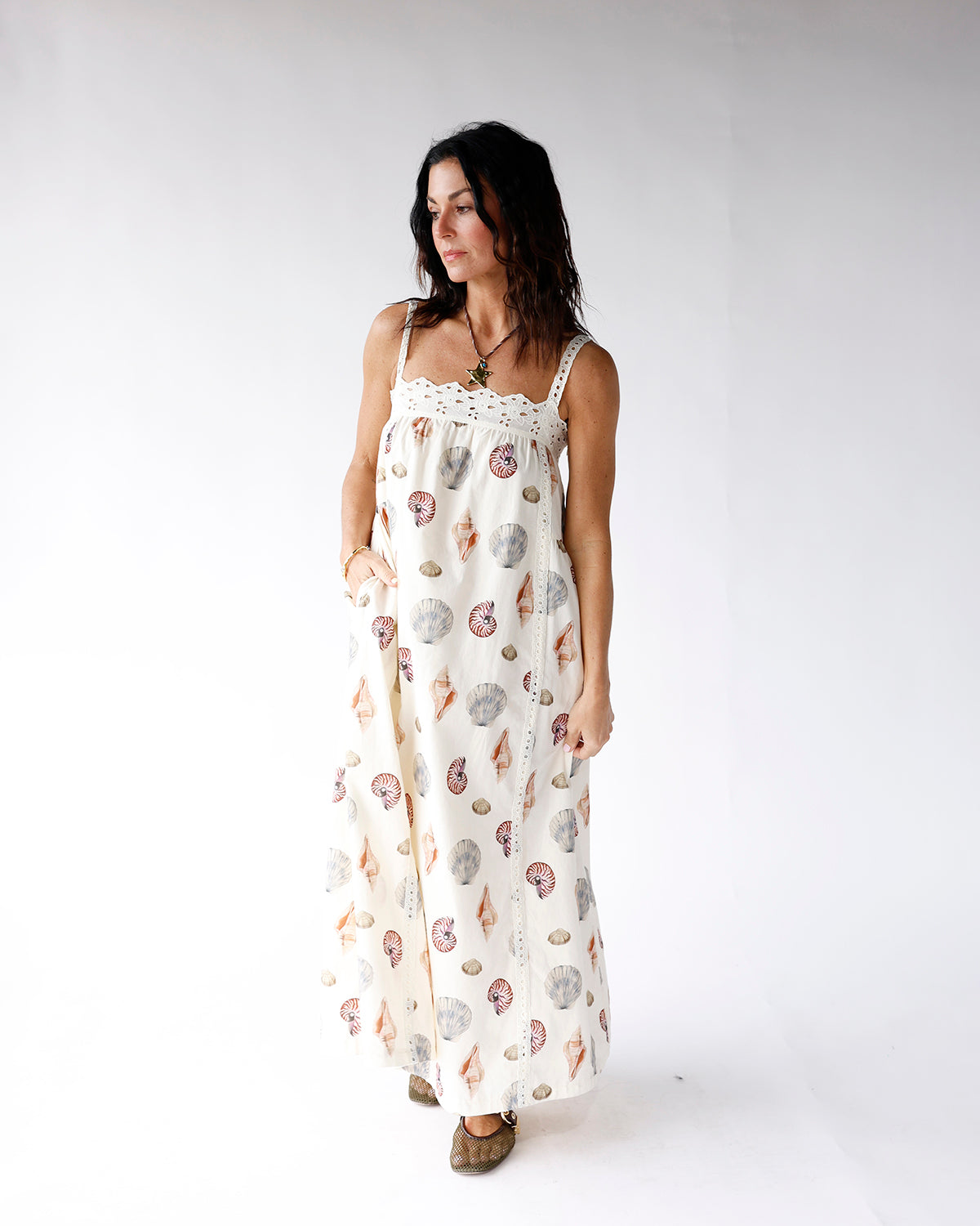 white seashell print maxi dress with lace details