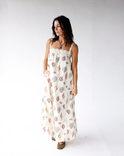 white seashell print maxi dress with lace details