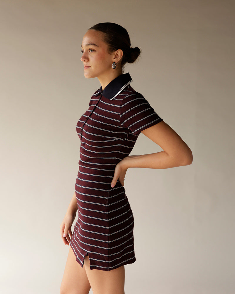 Burgundy striped polo mini dress with navy collar and short sleeves