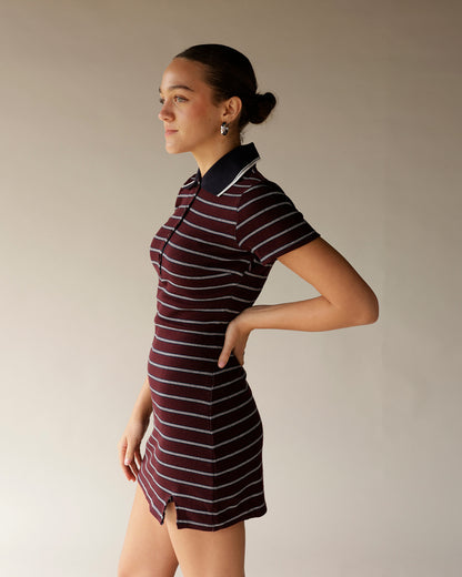 Burgundy striped polo mini dress with navy collar and short sleeves