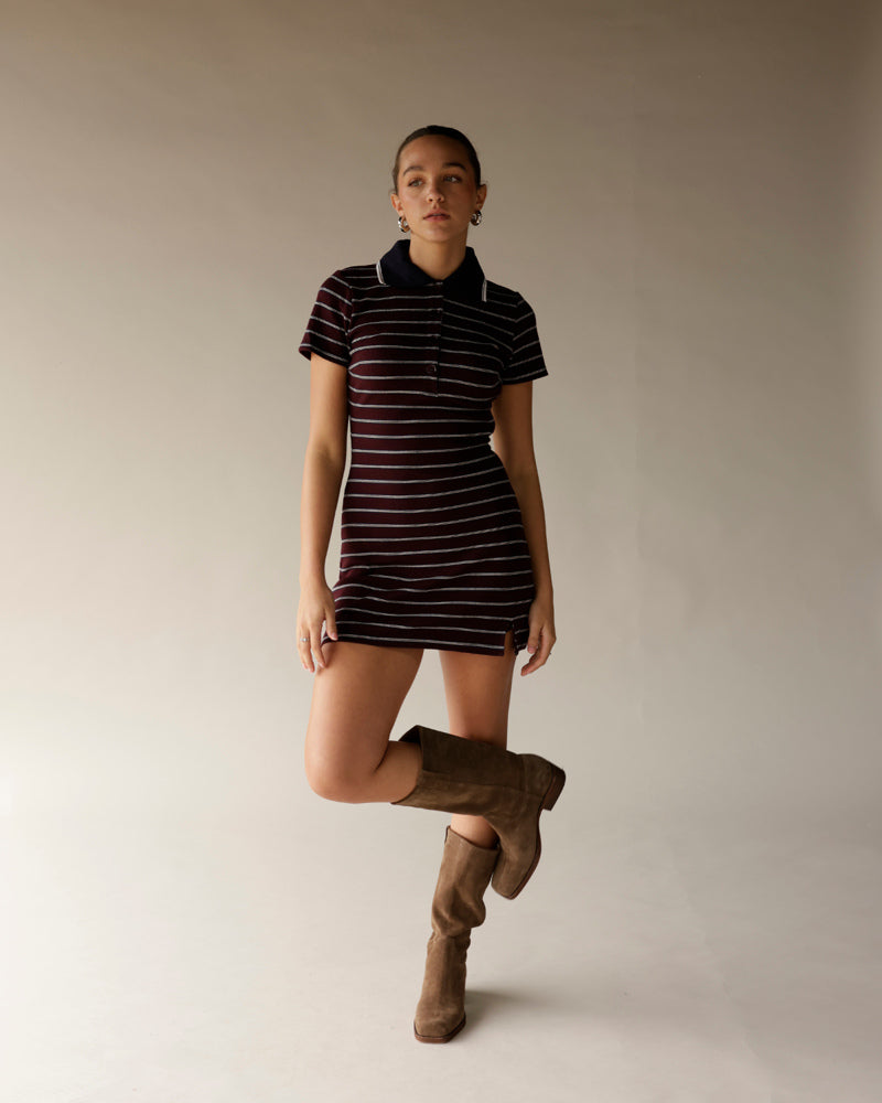 Burgundy navy striped polo mini dress with short sleeves and side slit