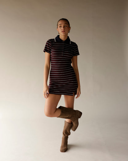 Burgundy navy striped polo mini dress with short sleeves and side slit