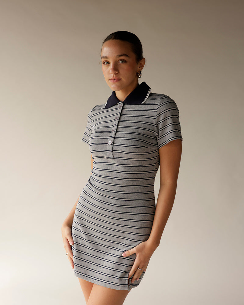Gray striped polo mini dress with navy collar and short sleeves