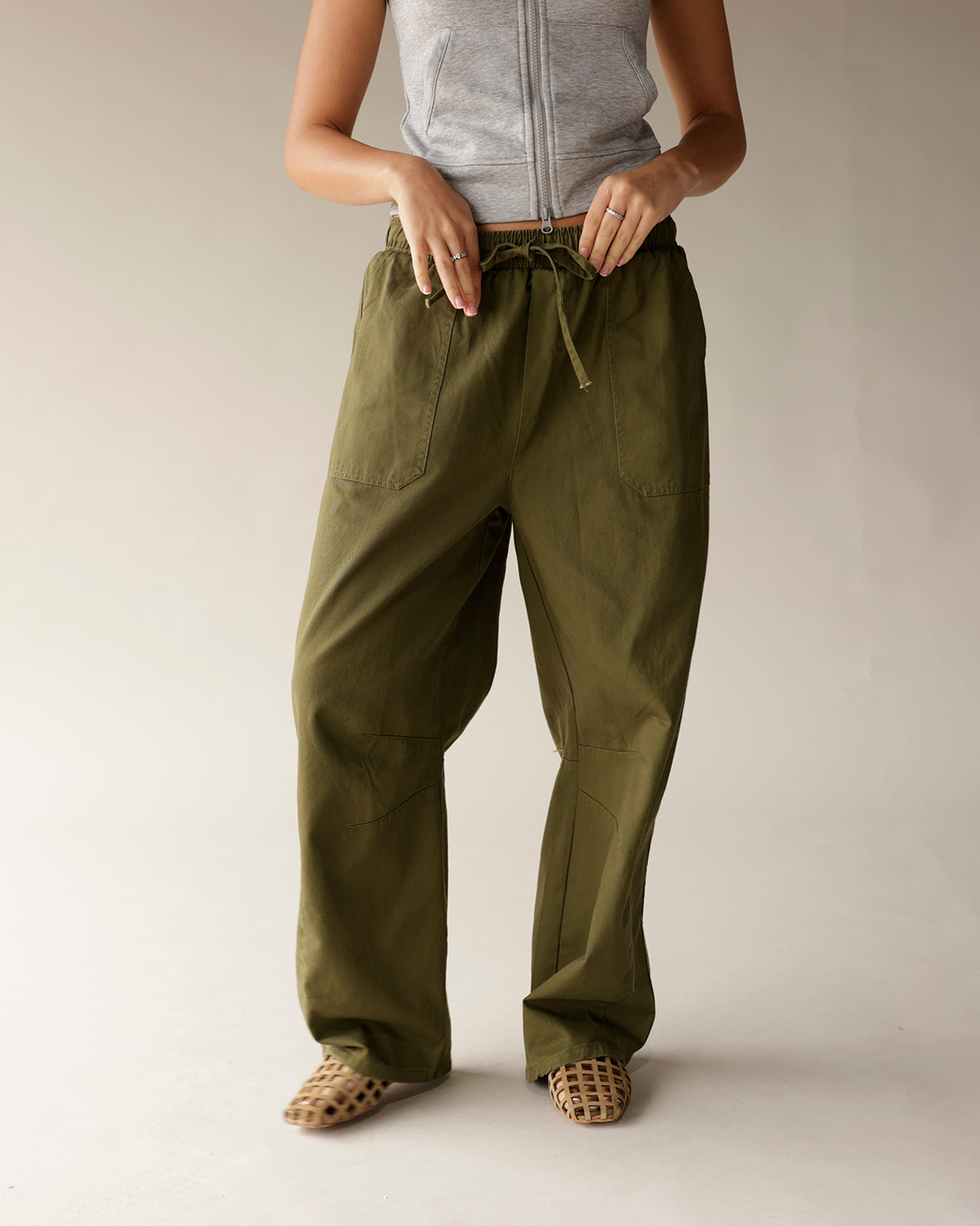 Double Zero olive green cargo barrel pants with drawstring waist and wide leg fit