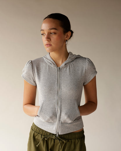 Loucia gray heather zip-up short sleeve cropped hoodie with kangaroo pockets