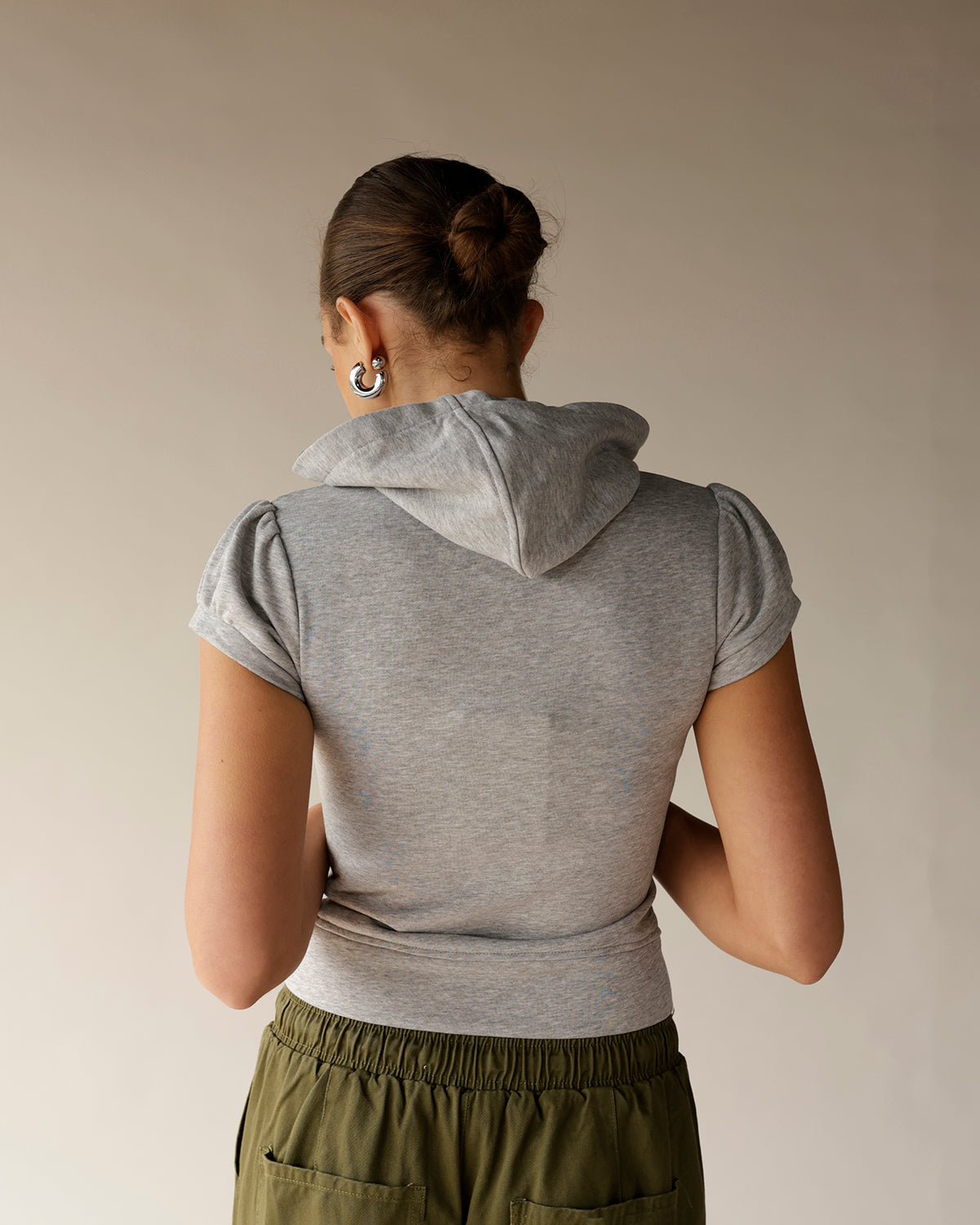 Gray heather short sleeve zip hoodie, back view, cropped fit with puff sleeves
