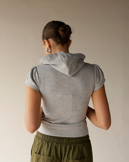 Gray heather short sleeve zip hoodie, back view, cropped fit with puff sleeves