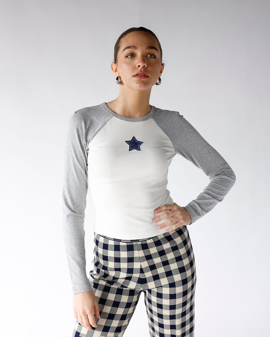 grey and white raglan long sleeve women's top with star graphic