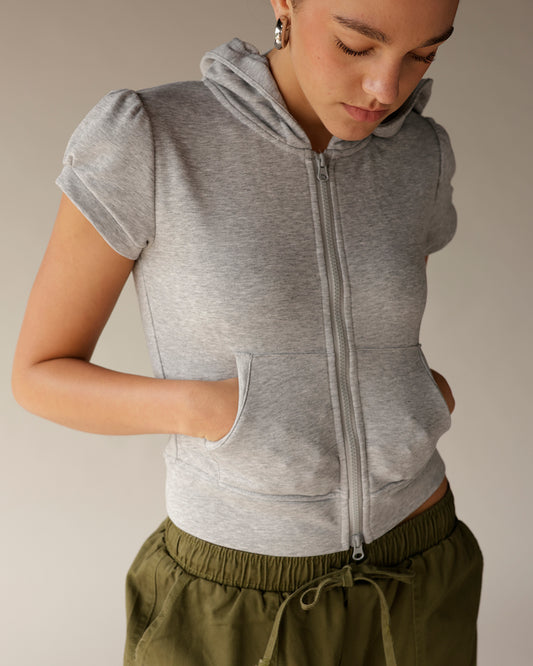 Loucia gray heather zip-up short sleeve cropped hoodie with kangaroo pocket