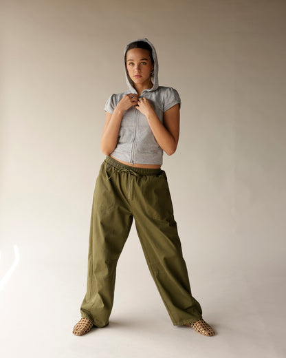 Gray cropped short sleeve zip-up hoodie with front pocket and hood
