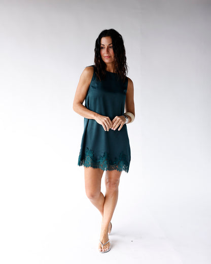 EVERGREEN LACE TRIM MINI DRESS