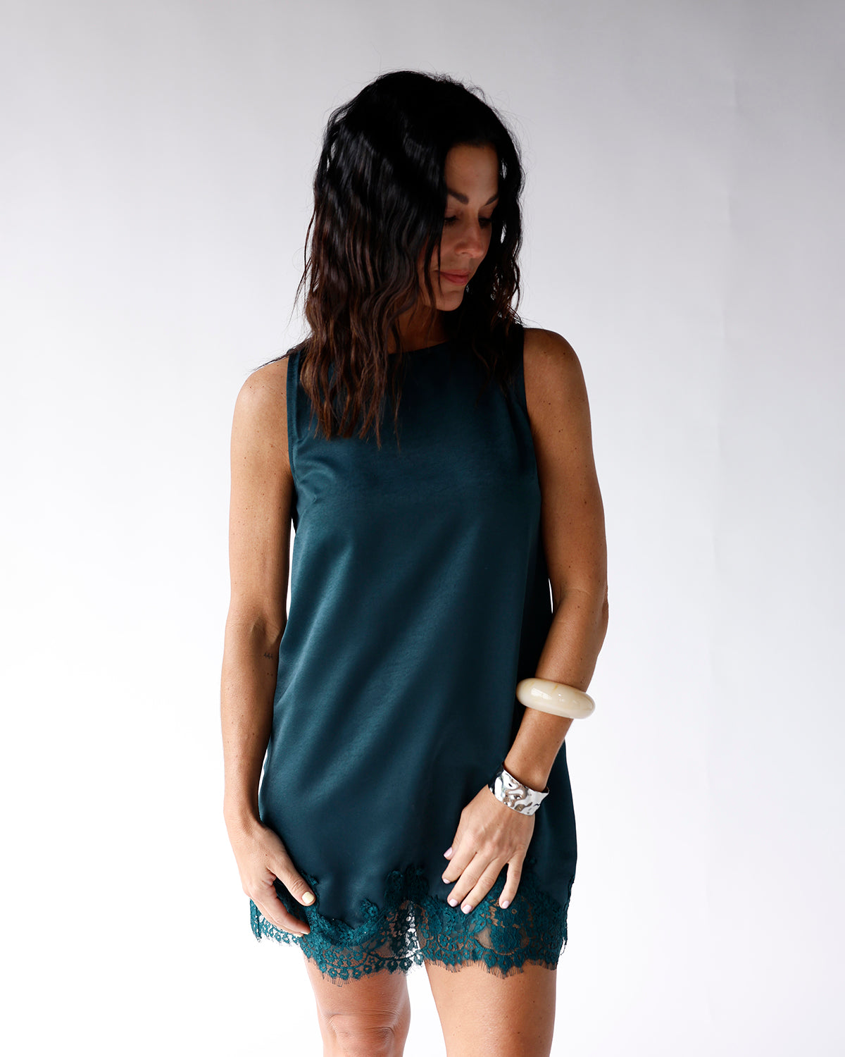 EVERGREEN LACE TRIM MINI DRESS