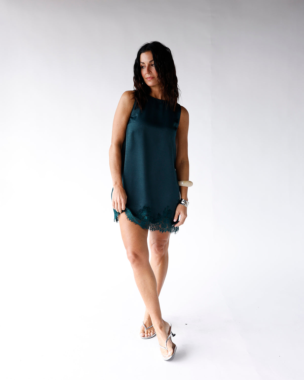 EVERGREEN LACE TRIM MINI DRESS