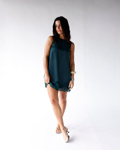 EVERGREEN LACE TRIM MINI DRESS