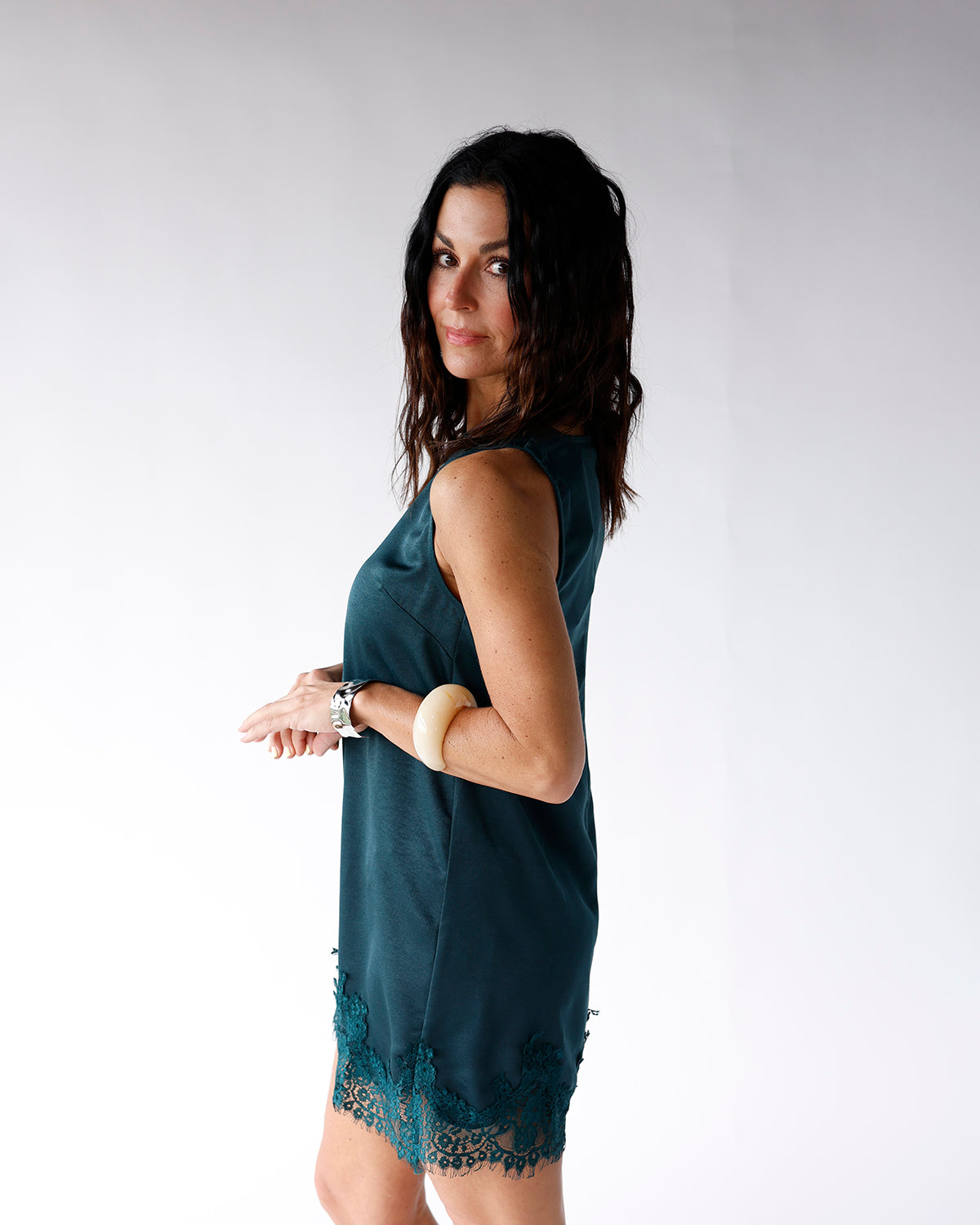 EVERGREEN LACE TRIM MINI DRESS