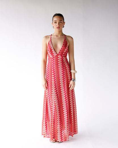 red multi color deep v neck crochet lace maxi dress
