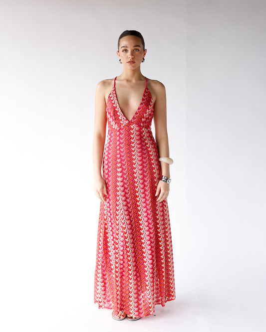 red multi color deep v neck crochet lace maxi dress