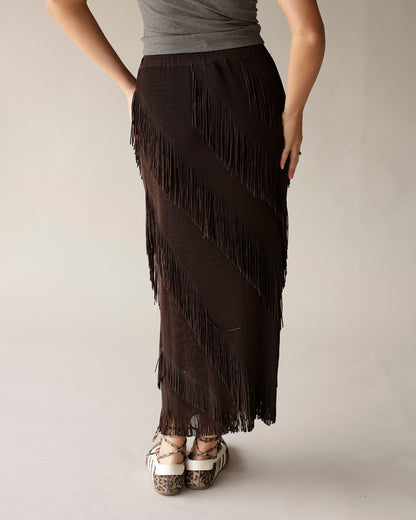 Dark brown suede maxi skirt with diagonal layered fringe detailing